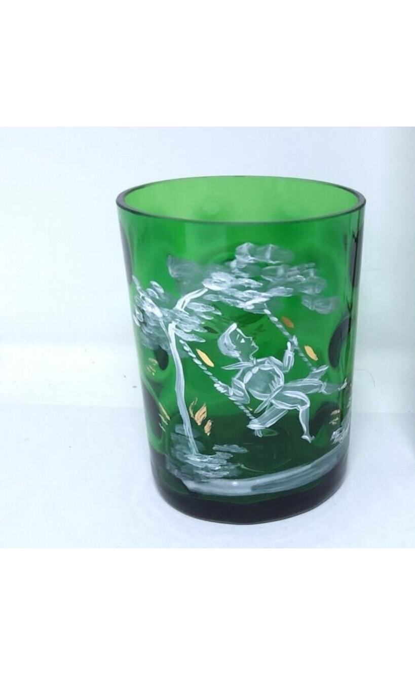 Antique Mary Gregory green glass, enamel painted tumbler
